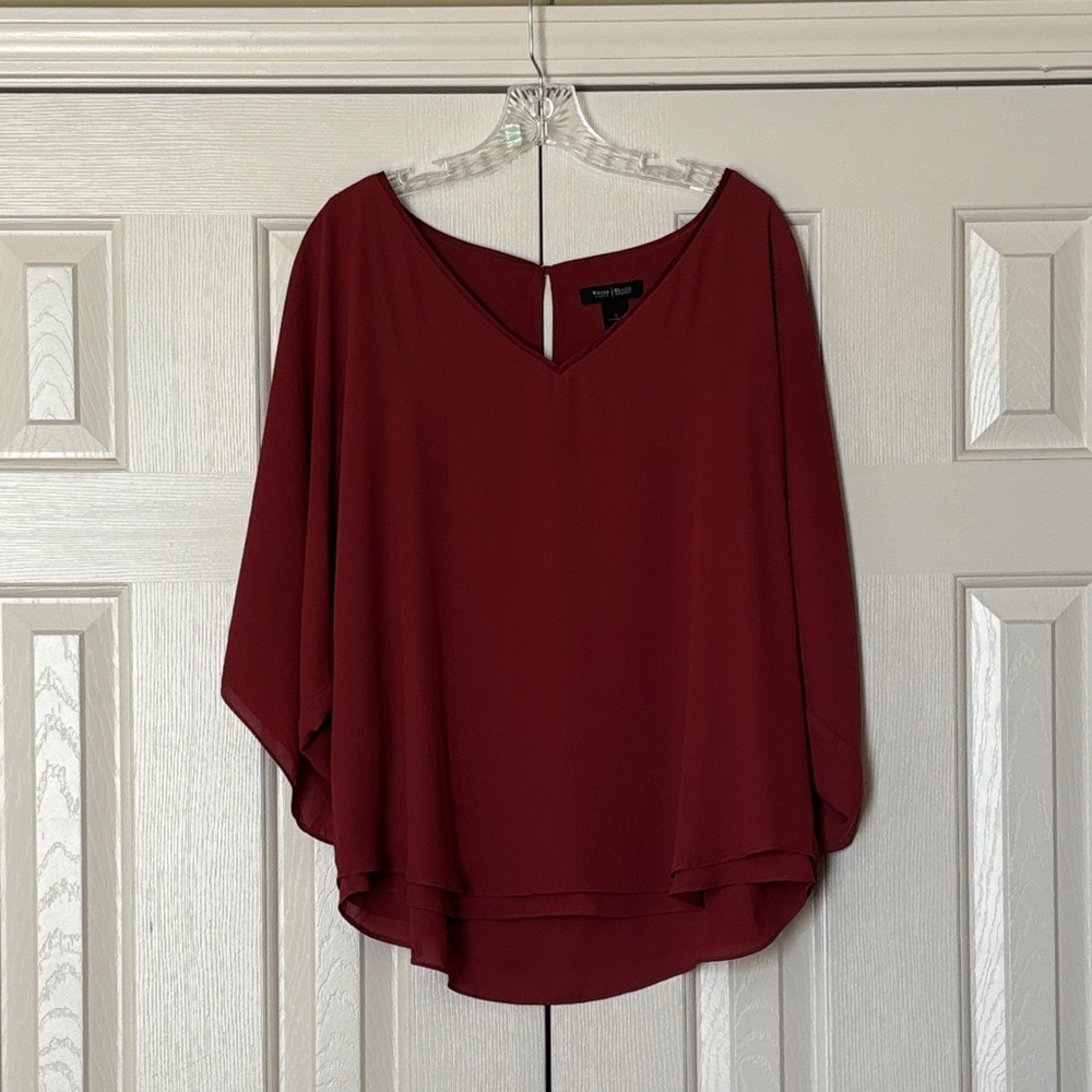 White House Black Market Burgundy Flowing V-Neck Blouse